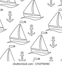 Seamless pattern with sailboats and anchores. Vector illustration on a white background. 