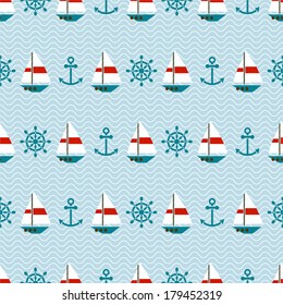 Seamless pattern of sailboats, anchors and steering wheels, endless sea background for textiles, interior design, for book design, website background