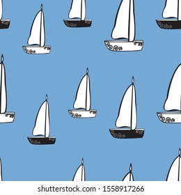 Seamless pattern of sailboats in  blue sea