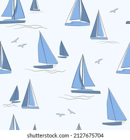 Seamless pattern with sailboats, boats on the sea, water. Yachts sail on the water, seagulls fly. Vector graphics.