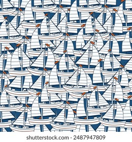 Seamless pattern with sailboats. The entire pattern is filled with sailboats in a sketch style with a white fill