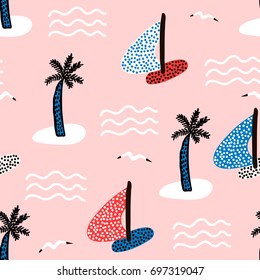 Padrão contínuo com veleiros. Verão marinho fundo moderno. Ilustração de vetor