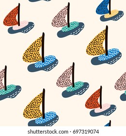 Seamless pattern with sailboats. Marine summer modern background. Vector Illustration