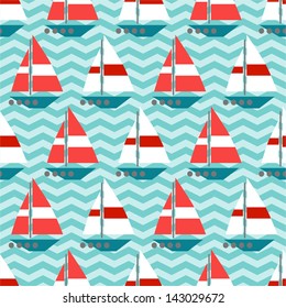 Seamless pattern with sailboats on the waves, chevron background