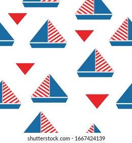 Seamless pattern with sailboats and red triangles. Simple flat cartoon style. Sea and ocean. Ship, boat and yacht. Classic blue. For kids. For postcards, wallpaper, textile and wrapping paper