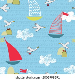 Seamless pattern with sailboats, sea birds, waves and clouds in cartoon style. Wallpaper, backgound for kids