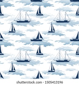 Seamless Pattern, Sailboats Ships and Yachts Silhouettes in the Sea with Symbolical Blue Waves. Vector