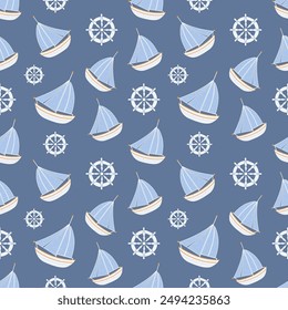 Seamless pattern with sailboats and steering wheel on a blue background. Printing on fabric