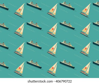 Seamless pattern with sailboats and vessels