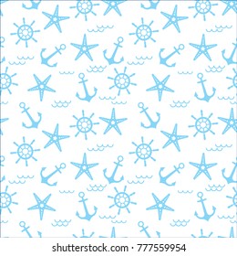 Seamless pattern with sailing, anchor, and starfish. Cute Marine pattern for fabric, baby clothes, background, textile, wrapping paper and other decoration.Vector illustration