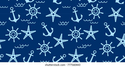 Seamless pattern with sailing, anchor, and starfish. Cute Marine pattern for fabric, baby clothes, background, textile, wrapping paper and other decoration.Vector illustration