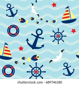 Seamless pattern with sailing, anchor, steering wheel, lifebuoy and seagull. Cute Marine pattern for fabric, baby clothes, background, textile, wrapping paper and other decoration.Vector illustration.