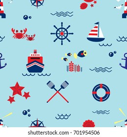 Seamless pattern with sailing, anchor, steering wheel, lifebuoy and seagull. Cute Marine pattern for fabric, baby clothes, background, textile, wrapping paper and other decoration.Vector illustration