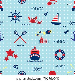 Seamless pattern with sailing, anchor, steering wheel, lifebuoy and seagull. Cute Marine pattern for fabric, baby clothes, background, textile, wrapping paper and other decoration.Vector illustration