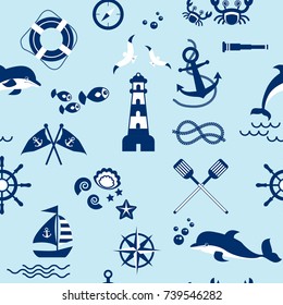 Seamless pattern with sailing, anchor, steering wheel, lifebuoy and seagull. Cute Marine pattern for fabric, baby clothes, background, textile, wrapping paper and other decoration.Vector illustration