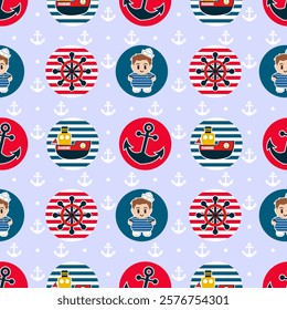 Seamless pattern with sailing badges in red and blue colors