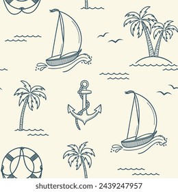 Seamless pattern with sailing boat, anchor, lifebuoy and palm trees