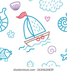 Seamless pattern with sailing boat, fish, seashells, underwater icons, childlike summer vacation style

