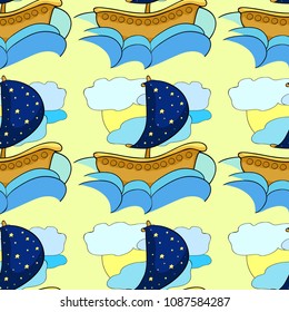 seamless pattern  sailing boat with stars on the waves. vector illustration
