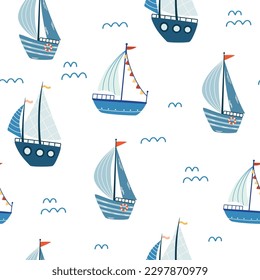 Seamless pattern with sailing boats. Cute marine pattern for fabric, children’s clothing, background, textiles, wrapping paper and other decorations. Marine background. Vector illustration