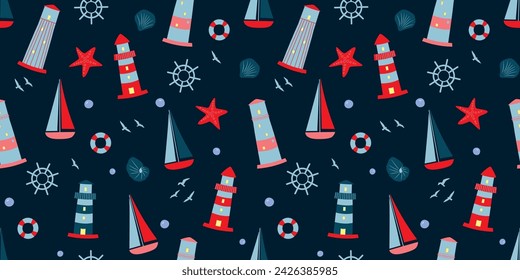 Seamless pattern with sailing boats, lighthouses, steering wheel, lifebuoys, starfish. Vector graphics.