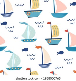 Seamless pattern with sailing boats. Marine background. Cute marine pattern for fabric, children's clothing, background, textiles, wrapping paper and other decorations. Vector cartoon illustration