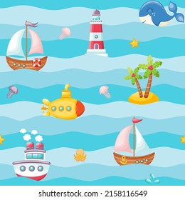 Seamless pattern with sailing boats, submarine, lighthouse, whale and tropical beach. Vector illustration.