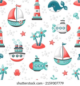 Seamless pattern with sailing boats, submarine, lighthouse, whale and tropical beach. Vector illustration.