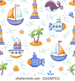 Seamless pattern with sailing boats, submarine, lighthouse, whale and tropical beach. Vector illustration.