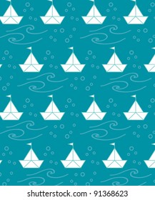 Seamless pattern of sailing fishing boats with waves, vector illustration