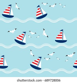 Seamless pattern with sailing and seagull. Cute Marine pattern for fabric, baby clothes, background, textile, wrapping paper and other decoration.Vector illustration.