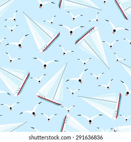 Seamless pattern with sailing ship and seagulls