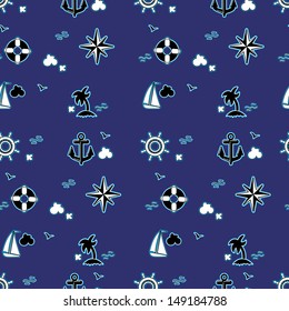 Seamless pattern with sailing ships, anchors, palms and wind roses