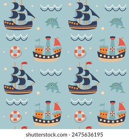 Seamless pattern with sailing ships, dolphin, lifebuoy, waves and bubbles. Cute Marine pattern for fabric, baby clothes, background, textile, wrapping paper. Nursery art style.