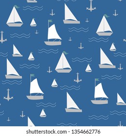 Seamless pattern with sailing ships on waves, sea theme print fabrics