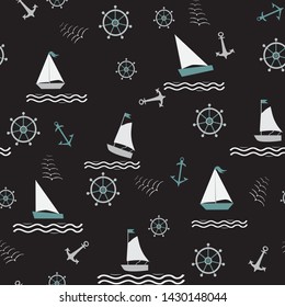 Seamless pattern with sailing ships on waves, anchor, rudder, flock of birds, sea theme print, fabric