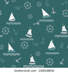 Seamless pattern with sailing ships on waves, anchor, rudder, flock of birds, sea theme print, fabric