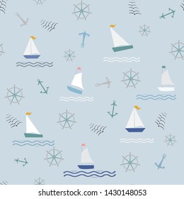 Seamless pattern with sailing ships on waves, anchor, rudder, flock of birds, sea theme print, fabric
