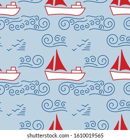 Seamless pattern with Sailing yacht in the sea, waves and clouds. Line doodle sketch. Hand drawn Vector illustration.