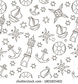 seamless pattern sailor sea yacht monochrome outline