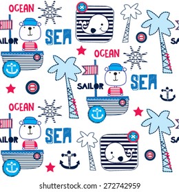 seamless pattern with sailor teddy bear, T-shirt design vector illustration