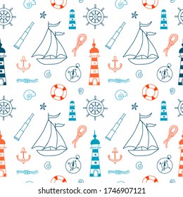 Seamless pattern of Sailor theme. Hand draw vector line illustration. The set consists of lighthouses, nautical knots, compass, binoculars, anchor, rudder, lifebuoy, ship and shells.