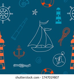 Seamless pattern of Sailor theme. Hand draw vector line illustration. The set consists of lighthouses, nautical knots, compass, binoculars, anchor, rudder, lifebuoy, ship and shells.
