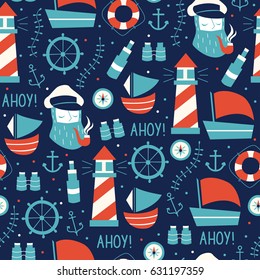 Seamless Pattern with Sailors, Wheel, Ship, and Different Elements.