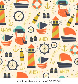 Seamless Pattern with Sailors, Wheel, Ship, and Different Elements.