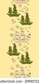 Seamless pattern with sailship, anchor, and flowers. Cute Marine pattern for fabric, clothes, background, textile, wrapping paper, and other decoration. Vertical border seamless pattern background