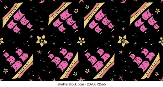 Seamless pattern with sailship, anchor, and flowers. Cute Marine pattern for fabric, baby clothes, background, textile, wrapping paper, and other decoration. Vector illustration. black background.