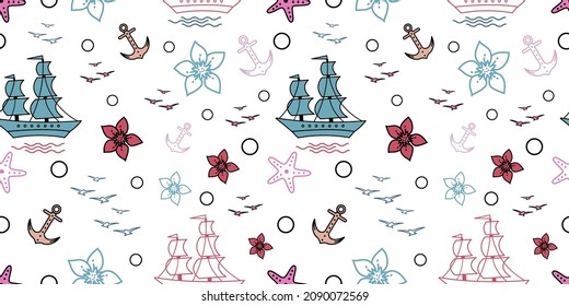 Seamless pattern with sailship, anchor, and flowers. Cute Marine pattern for fabric, baby clothes, background, textile, wrapping paper, and other decoration. Vector illustration. pastel colors.