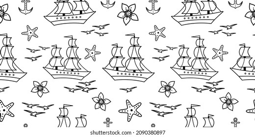 Seamless pattern with sailship, anchor, and flowers. Cute Marine pattern for fabric, baby clothes, background, textile, wrapping paper, and other decoration. Vector illustration. black and white.