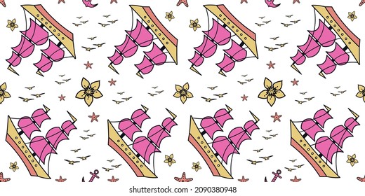 Seamless pattern with sailship, anchor, and flowers. Cute Marine pattern for fabric, baby clothes, background, textile, wrapping paper, and other decoration. Vector illustration. pastel colors.